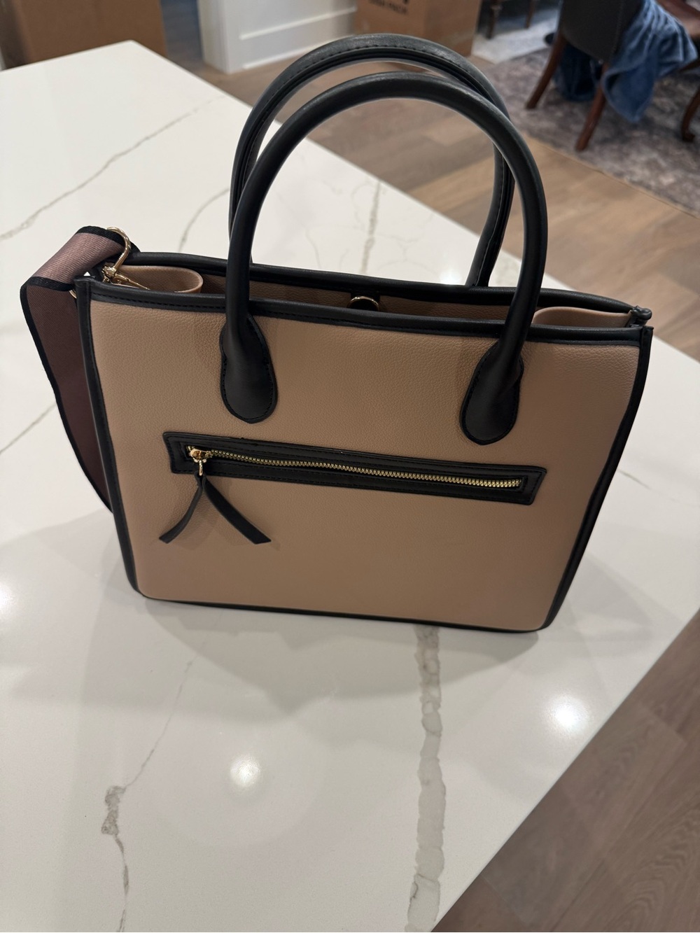 Pebbled Satchel in Beige and Black - Women Bags